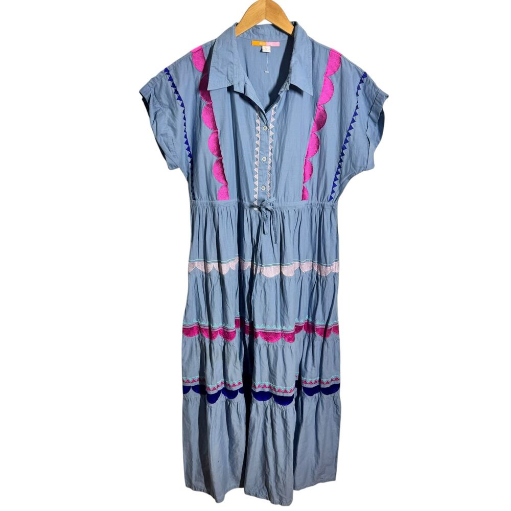 Briton Court Dress Women Blue Embroidery Preppy Cottage Modest‎ Teacher Artsy